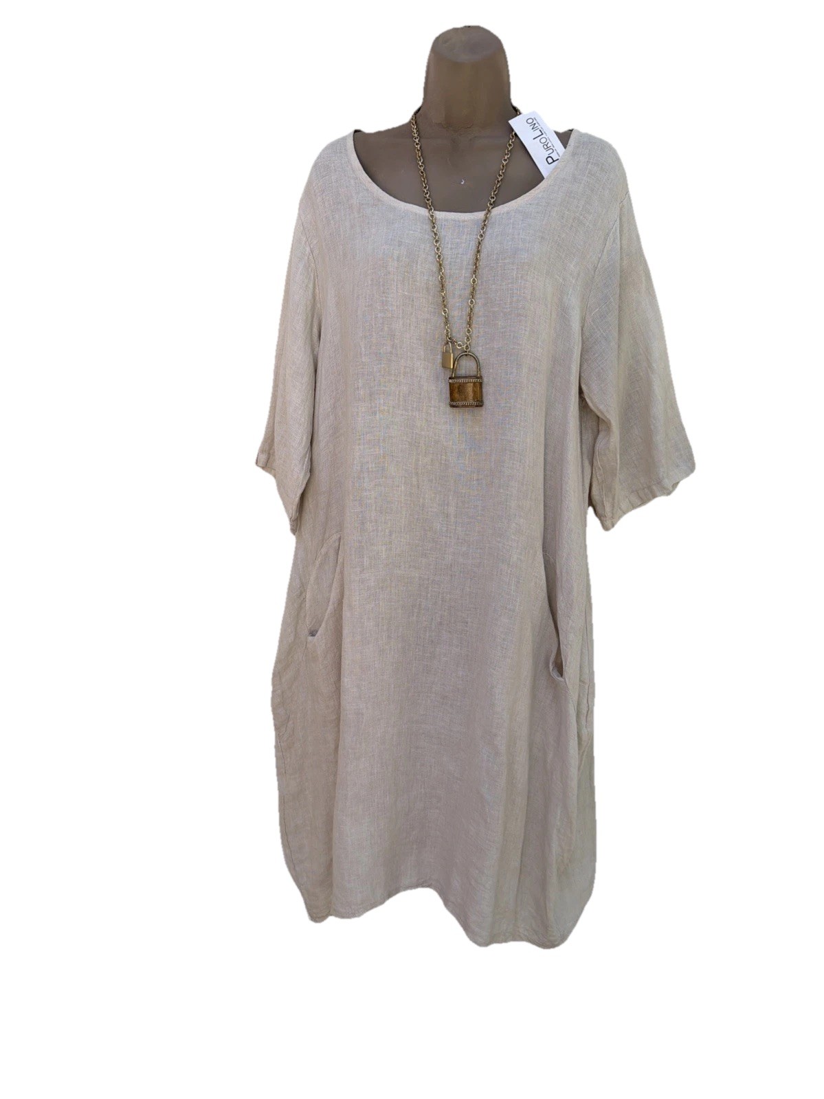 Made in Italy 100% Linen Lagenlook Midi Dress Pockets Plus One Size Beige