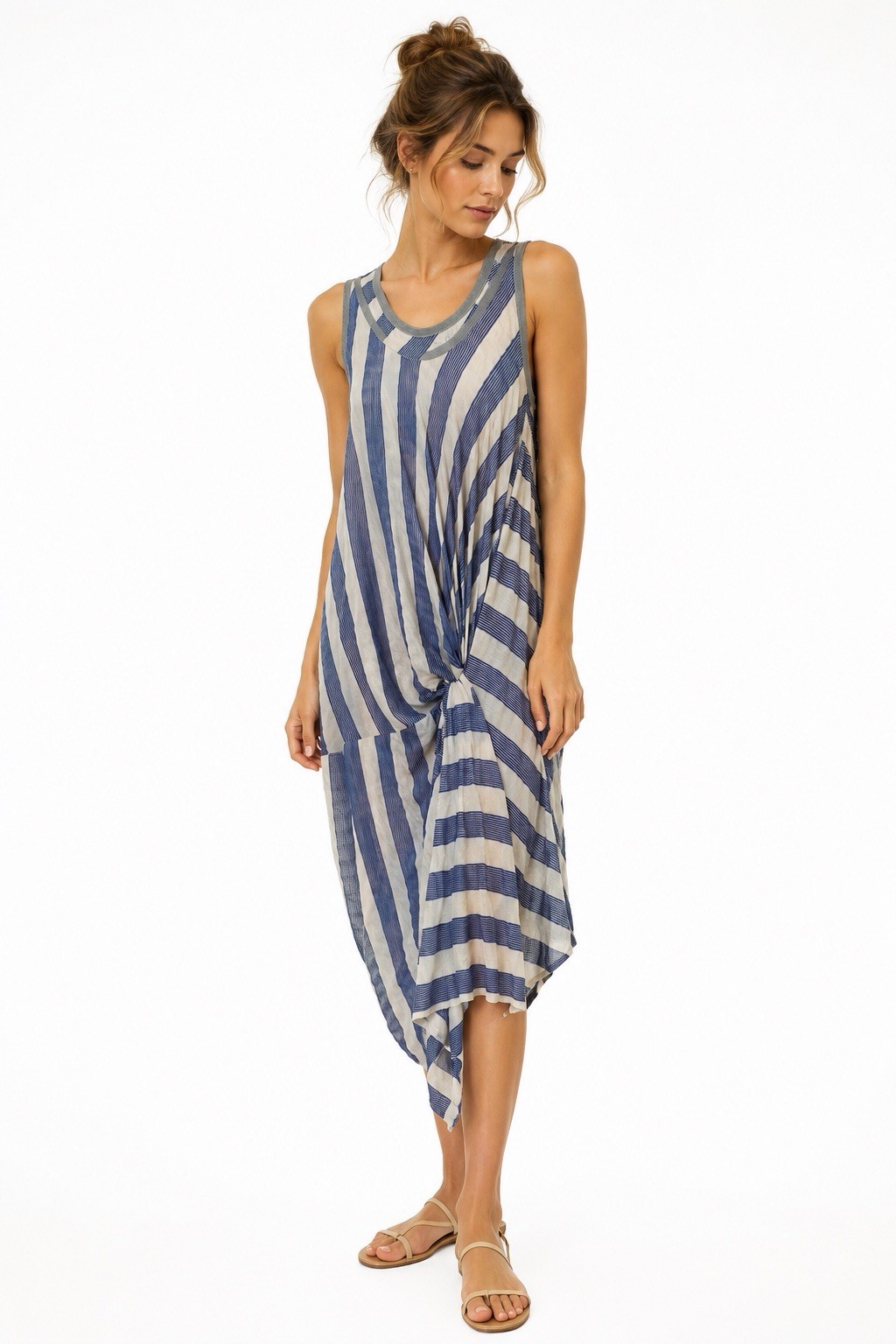We The Free Blue White Striped Side Knot Midi Dress M Boho Coastal 4th of July
