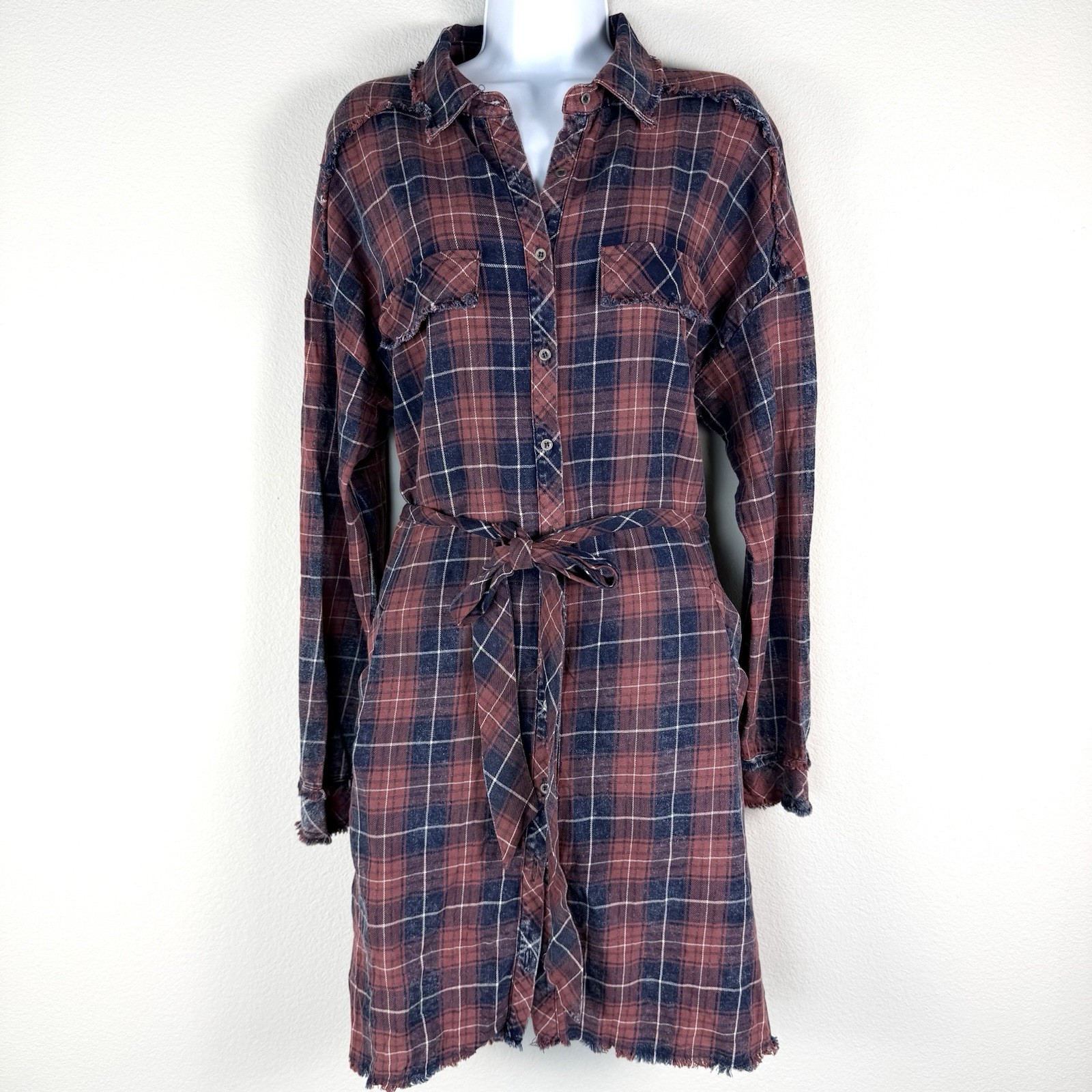 Plaid Button Up Shirt Dress Womens Large Distressed Country Western Heritage