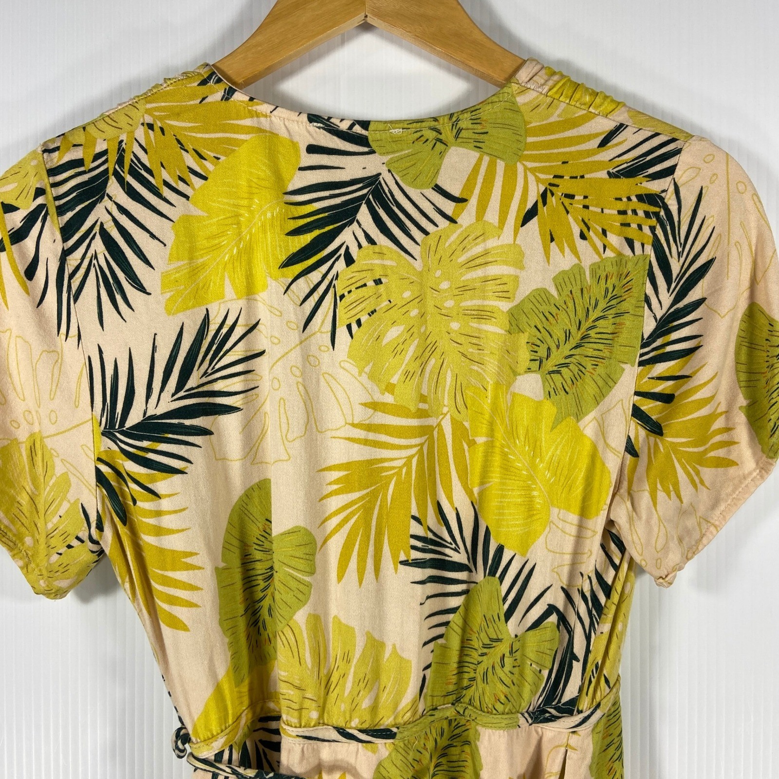 Bohme Shauna Tropical Mini Wrap Dress Apricot Green Yellow Womens Small