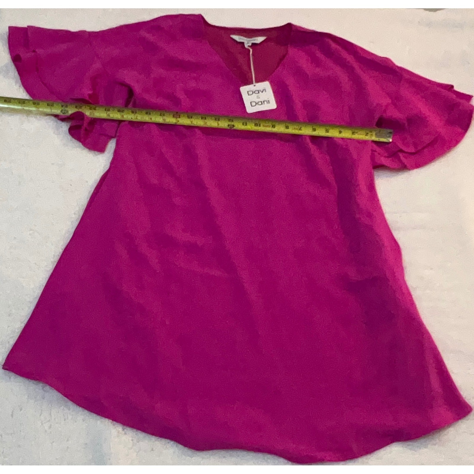 Davi & Dani Magenta Pink Satin V-Neck Ruffle Bell Sleeve Mini Dress Small NWT