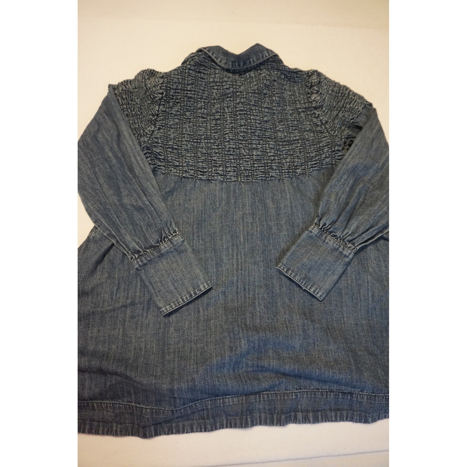 Free People Smocked Denim Button Down Mini Dress Medium Wash Blue Boho XS