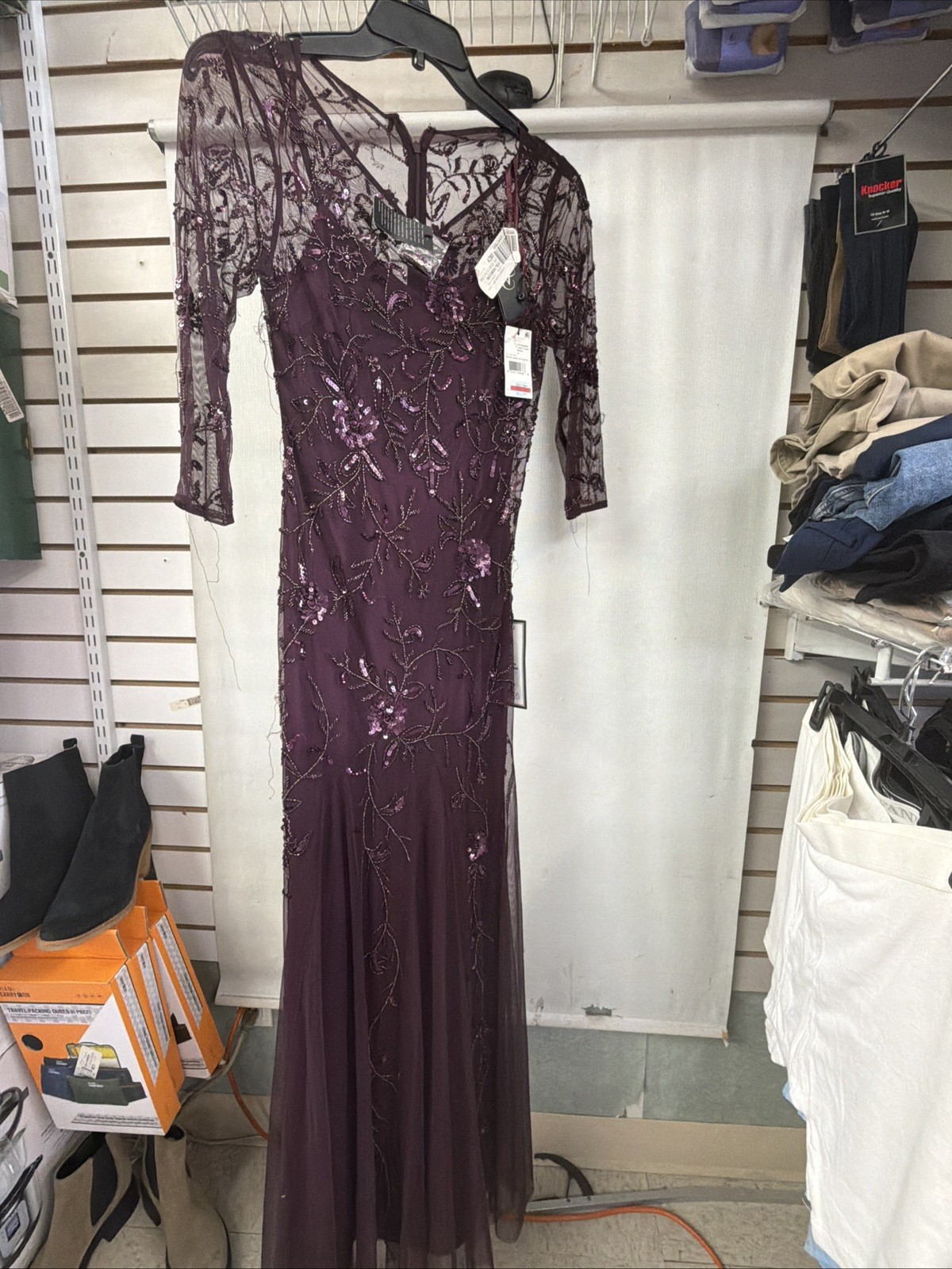 Adrianna Papell Gown 10 Night Plum Beaded Mesh Evening Dress 3/4 Sleeve AP1E2086