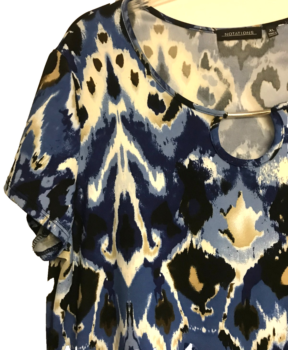 Notations XL Keyhole Blue Abstract Print Dress Short Sleeve Stretch Non-iron