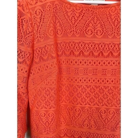 Dana Buchman Coral Orange Lace Sheath Dress 3/4 Sleeve Scallop Hem Size 8