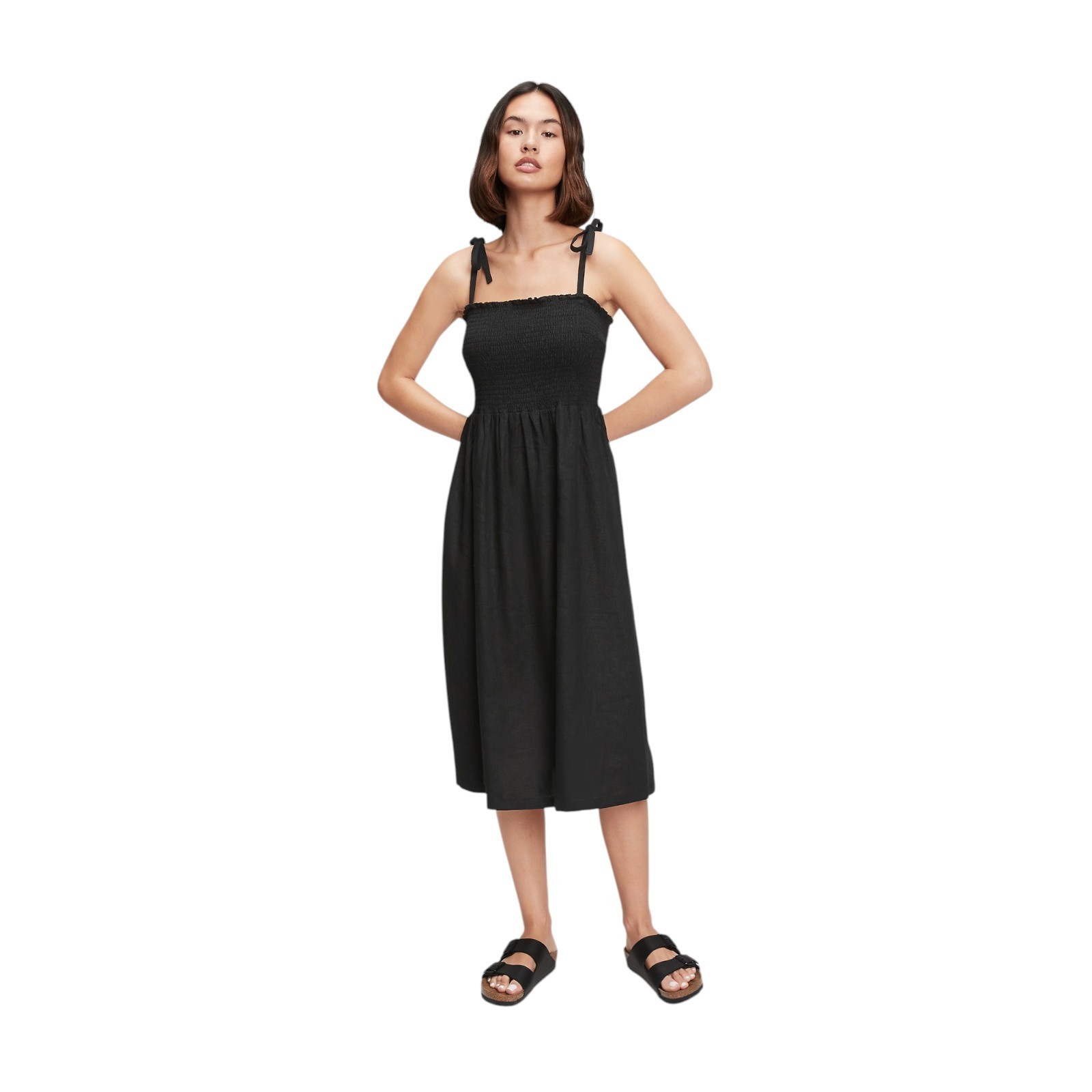Gap Women’s Shoulder-Tie Smocked Midi Dress – Olive Moss, True Black – Pick Size