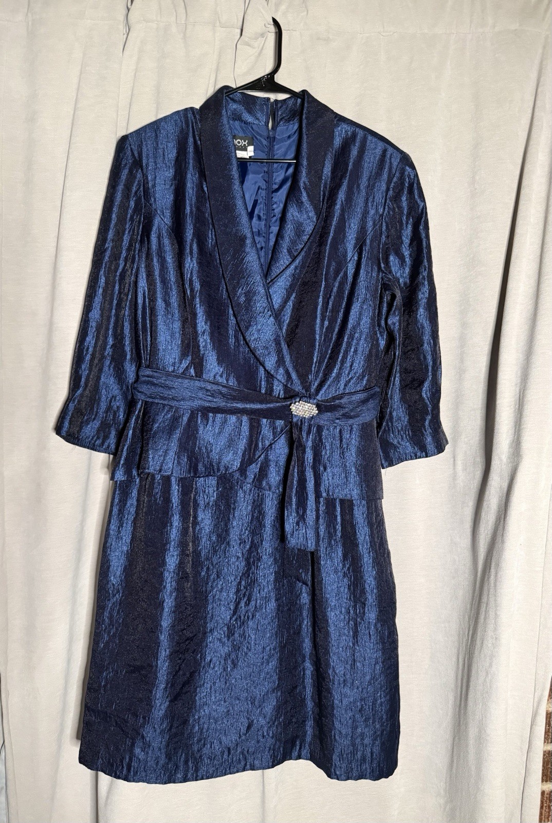 NOX Anabel Metallic Blue Wrap Dress Rhinestone Buckle Size 10