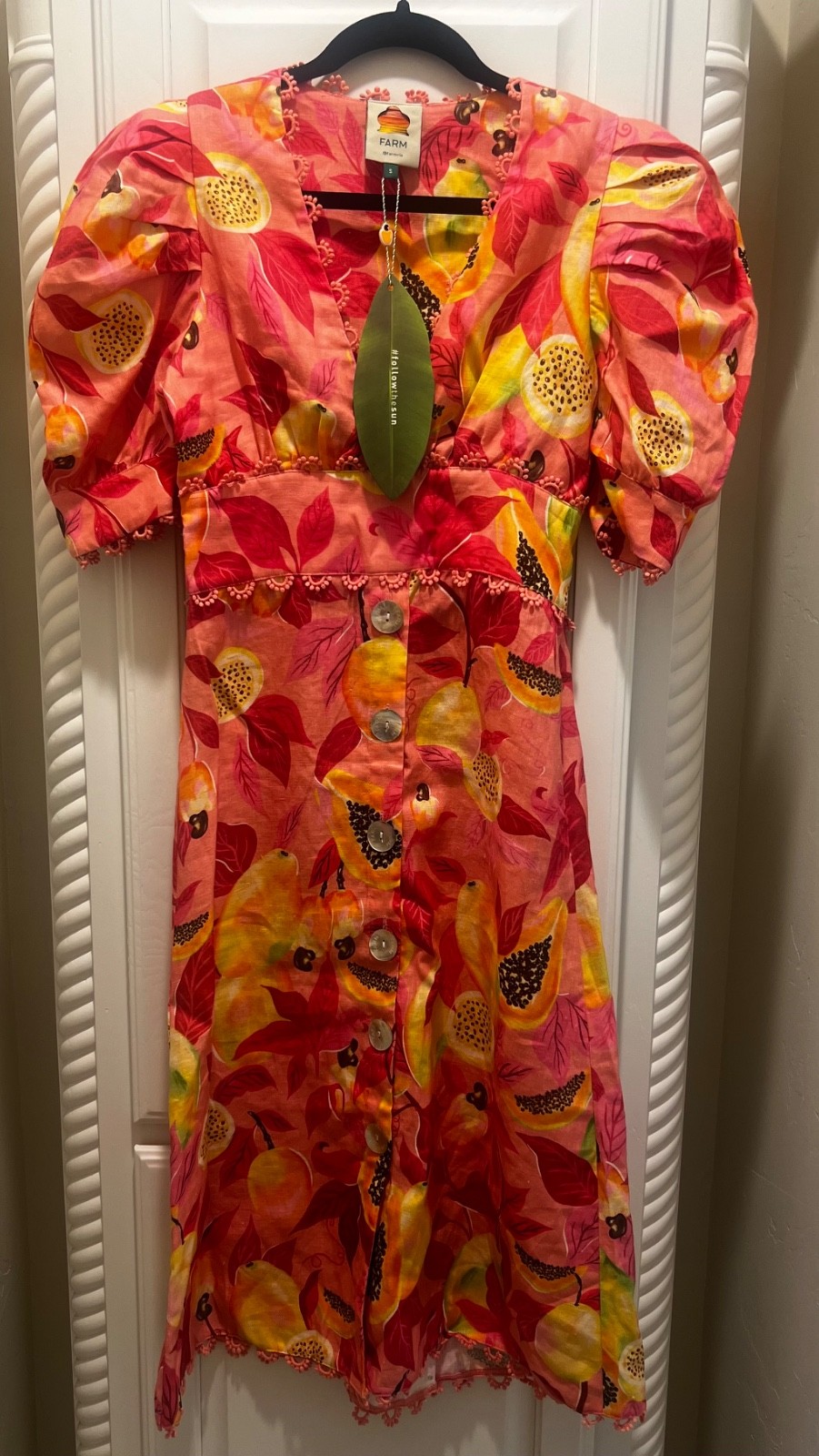NEW! Farm Rio Pink Papaya Salad Button & Zipper Linen Dress Small MSRP $235