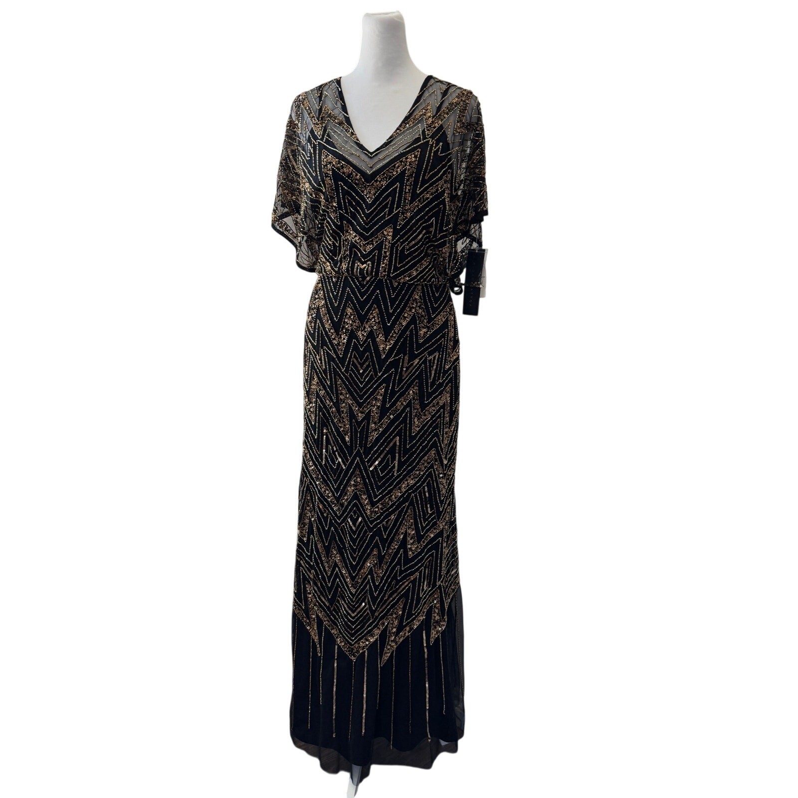 NWT Aidan Mattox Black Sequined Beaded V-Neck Short Sleeve Gown