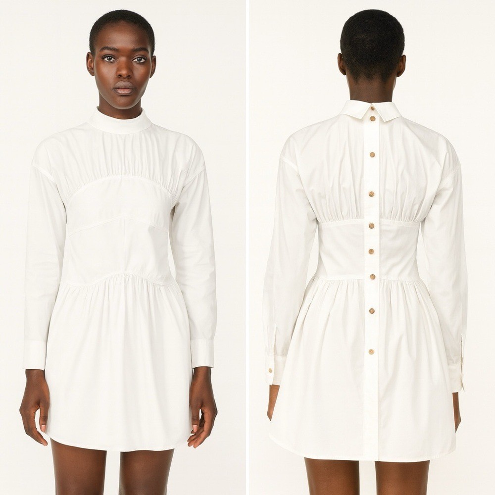 Rejina Pyo White Long Sleeve Ruched Collared Shirt Dress Cotton Size US 4