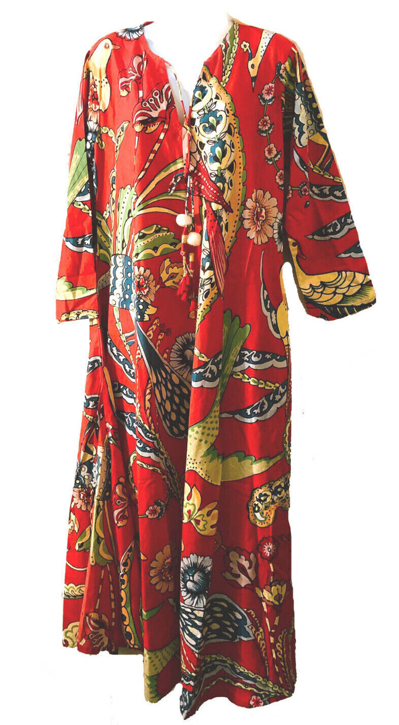 One of a kind new long cotton red custom bird + flower caftan dress size L FAB!