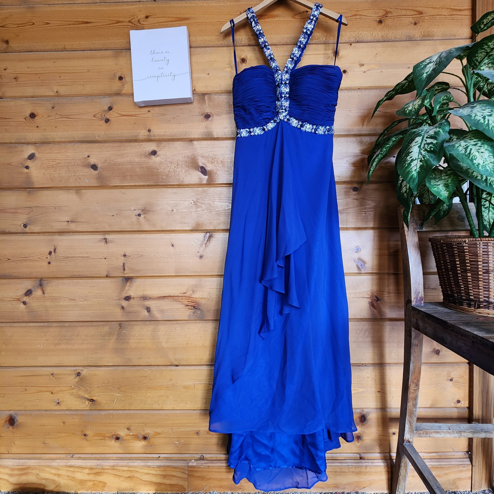 Anny Lee Formal Prom Gown Maxi Dress Royal Blue Chiffon Drape Beaded Sequin Sz L