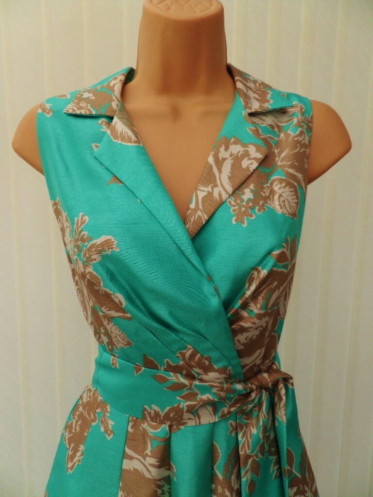 ELIZA J TURQUOISE GOLD IVORY FLORAL SATEEN 50’S PLEAT FLARE MIDI DRESS 8 NWOT