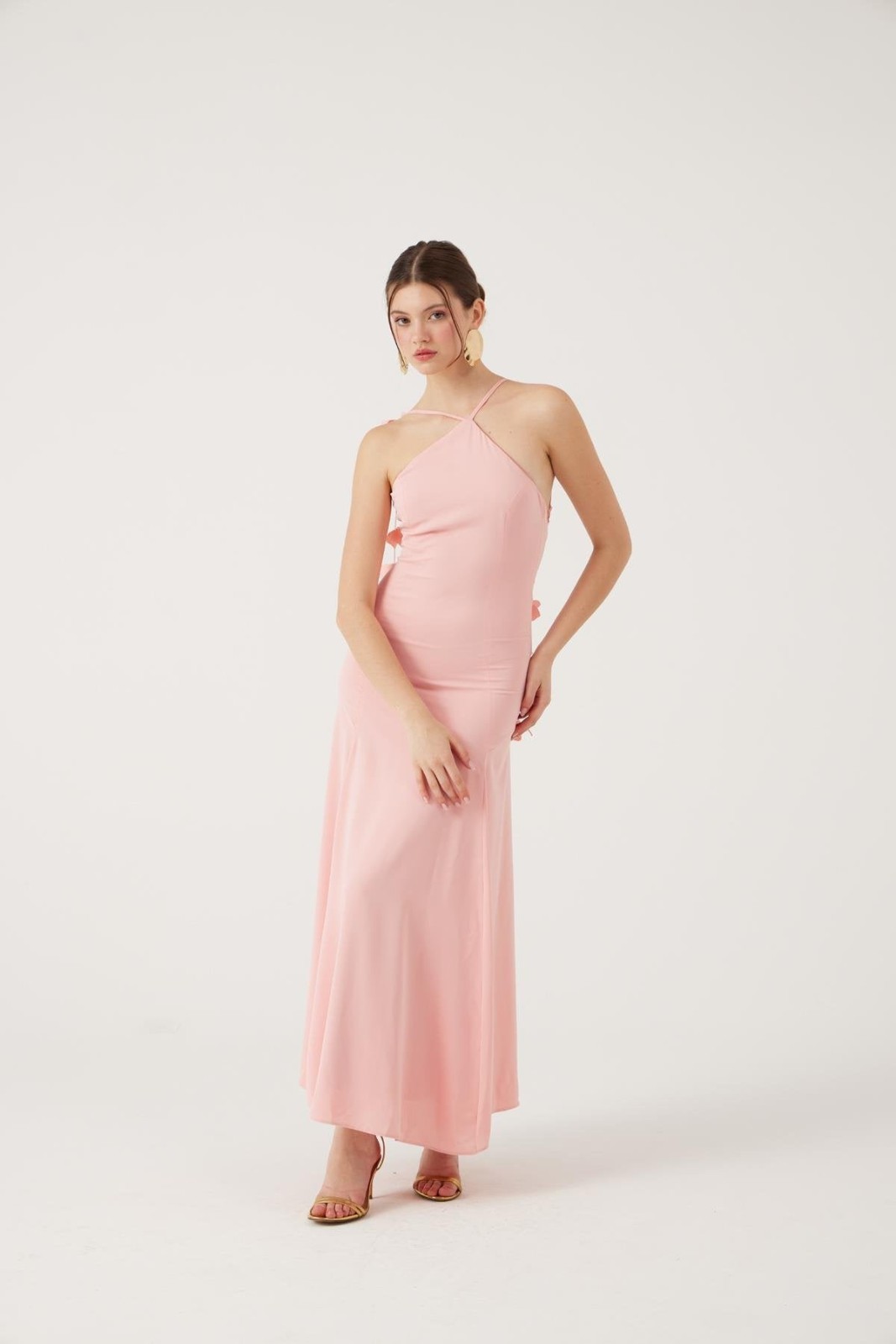Pink Halter Backless Satin Maxi Dress Appliqué Zip Party/Cocktail Size XS