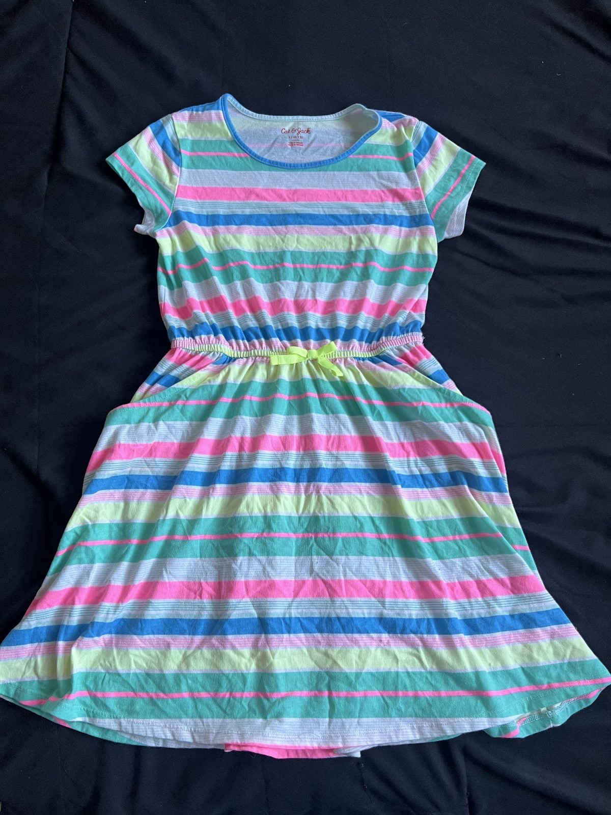 Cat Jack Girls Size L 10/12 Rainbow Striped Dress Pockets Summer Casual