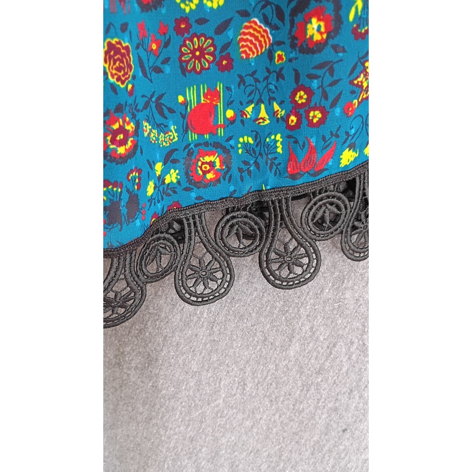 Anna Sui Teal Blue Boho Floral Crochet Lace Bell Sleeve Dress S Silk Details