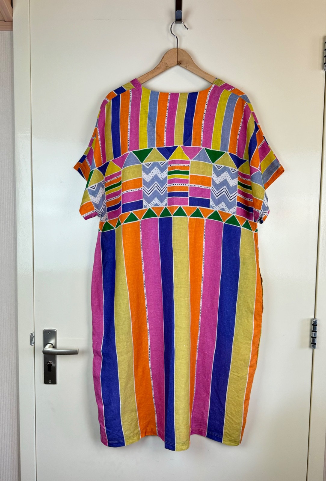 GUDRUN SJODEN Linen Multicolor Cheerful Dress Kaftan Ikat Geometric Sundress L