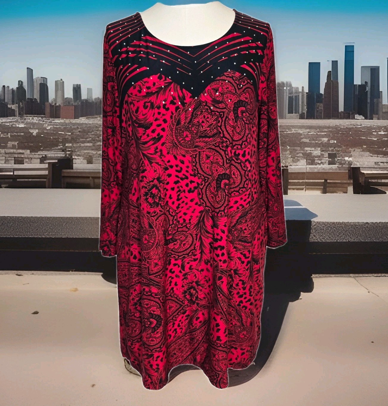 STYLE & CO RED & BLACK W/ SILVER ACCENT BEADS/STONES WOMEN’S ELEGANT DRESS SZ LG