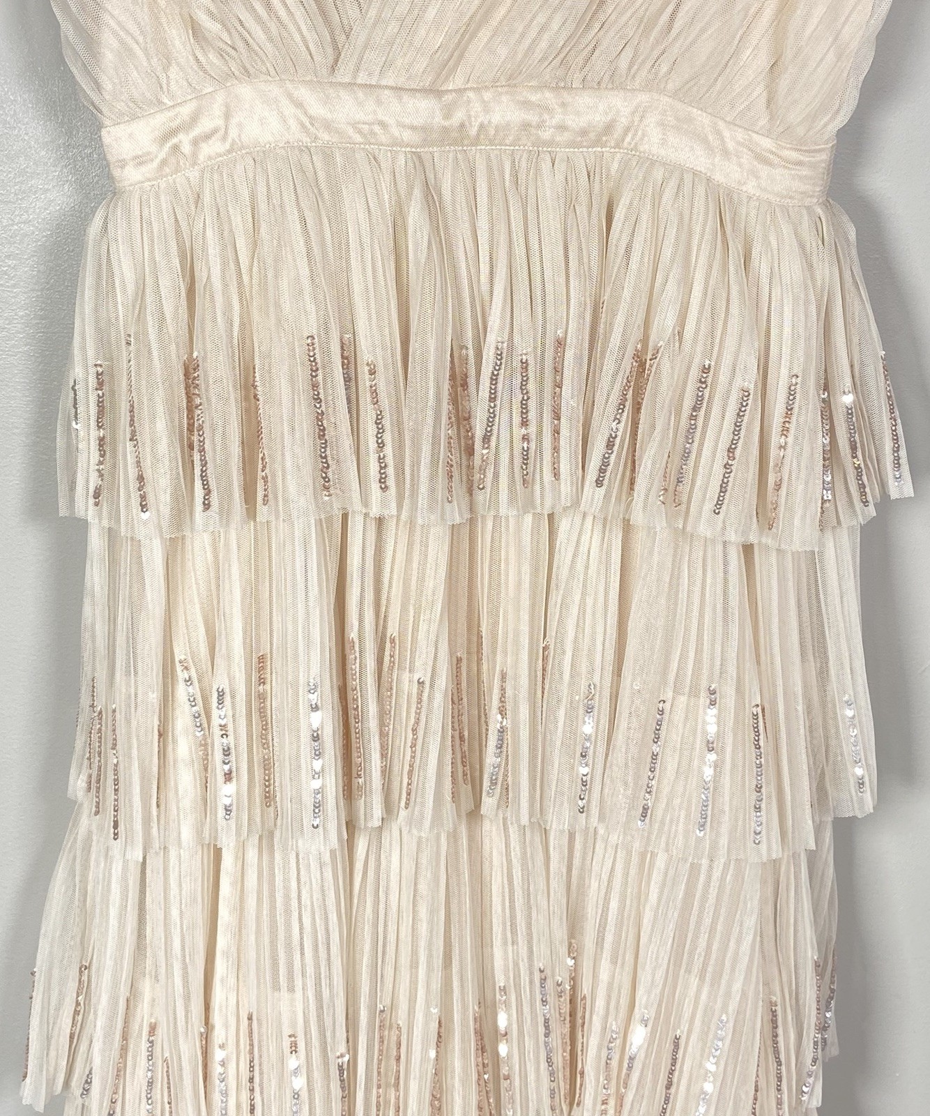 Geode Womens Small Champagne Sequin Tiered Ruffle Maxi Dress Formal Party