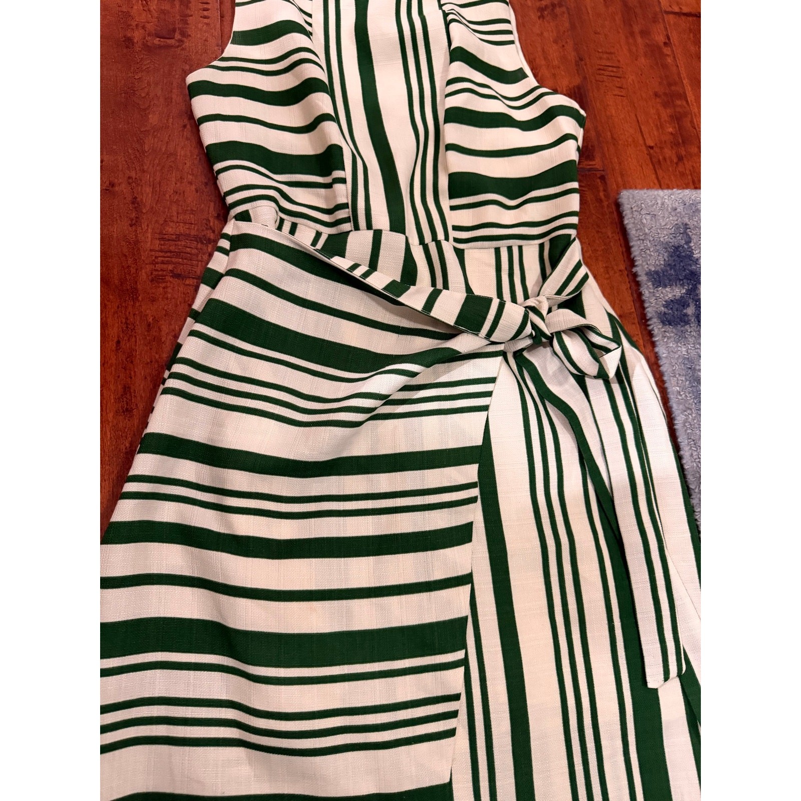 J.O.A. Faustina Green and Cream Striped Midi Wrap Dress.