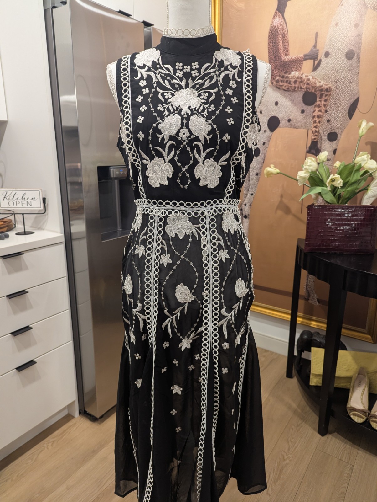 ASOS DESIGN Black White Floral Embroidered Sheer High Neck Long Dress 8