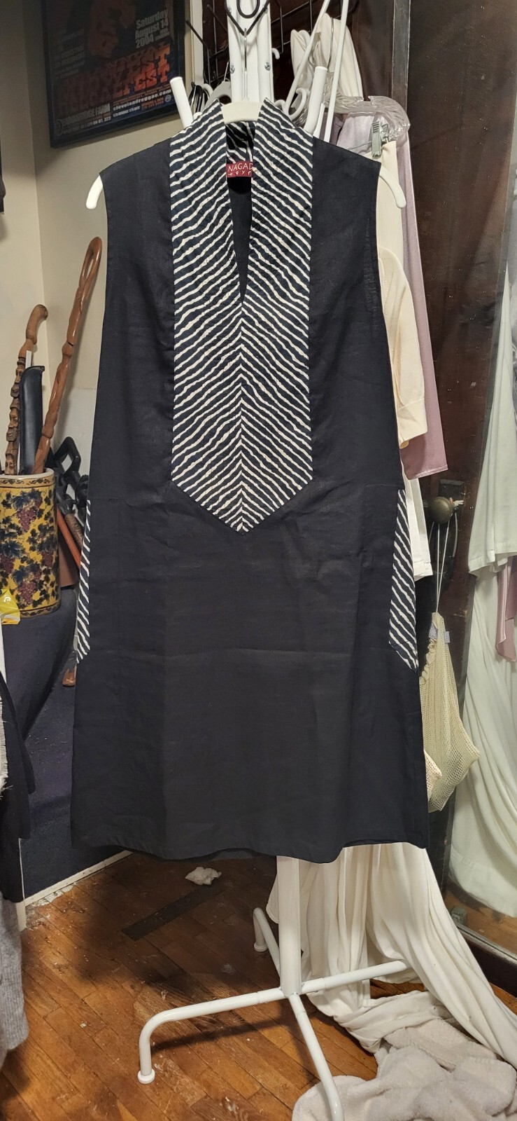 NAGADA Egypt Black & Zebra Print Trim V Neck Sheath Tunic Dress M