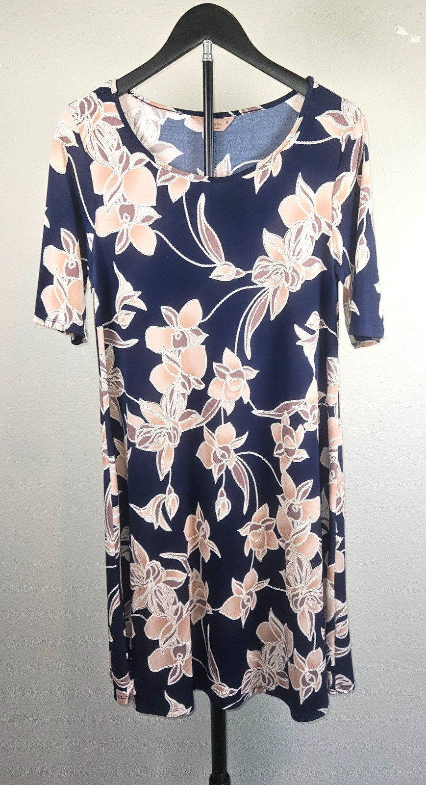 SJS Womens Medium Navy Floral Dress Flower A-Line Swing Stretch Casual