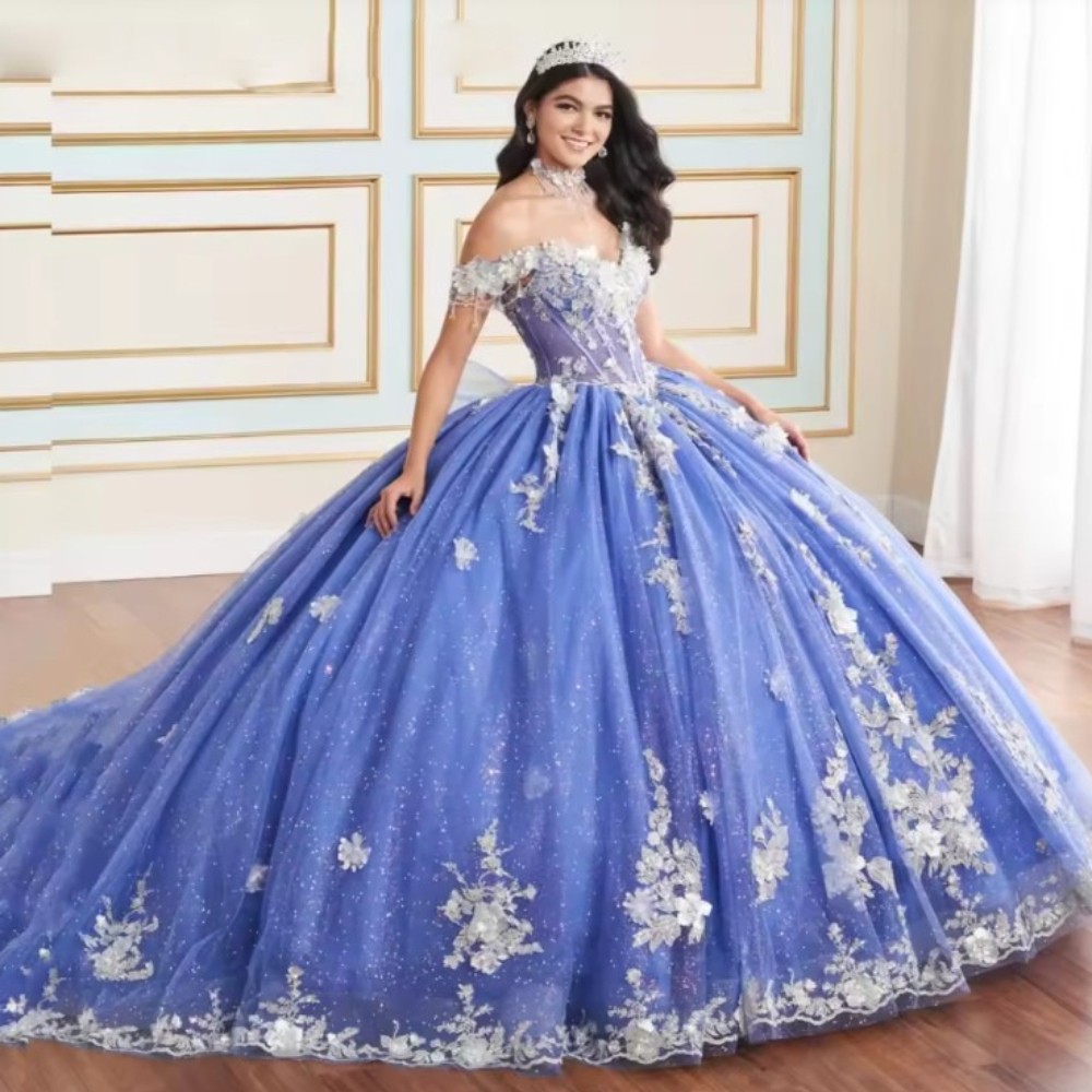 Purple Ball Gown Quinceanera Dresses 3D Floral Appliques Beading Tiered Sweet 16