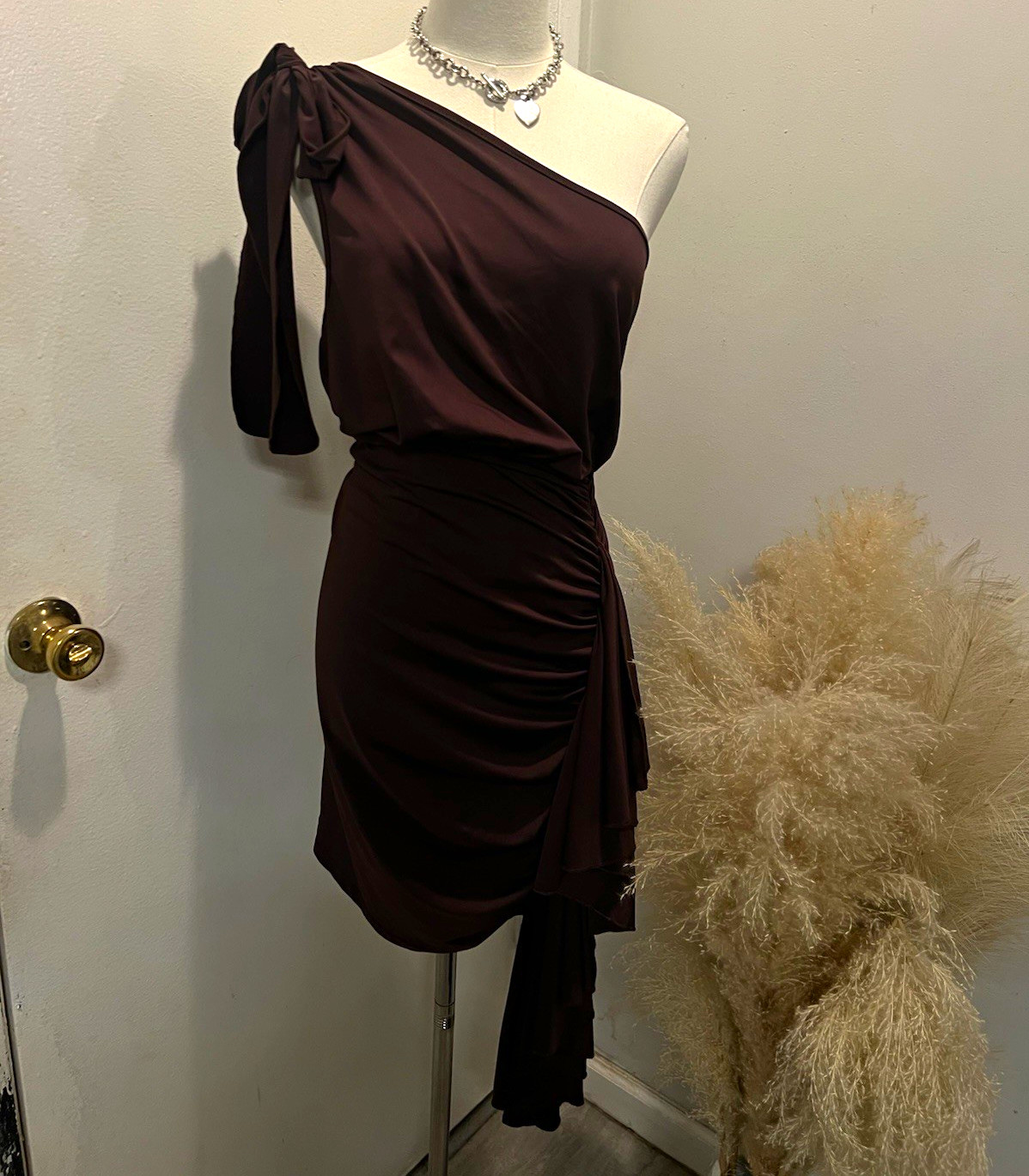 SHEIN Curve Brown Solid One-Shoulder Bow Bodycon Mini Dress Plus 0XL