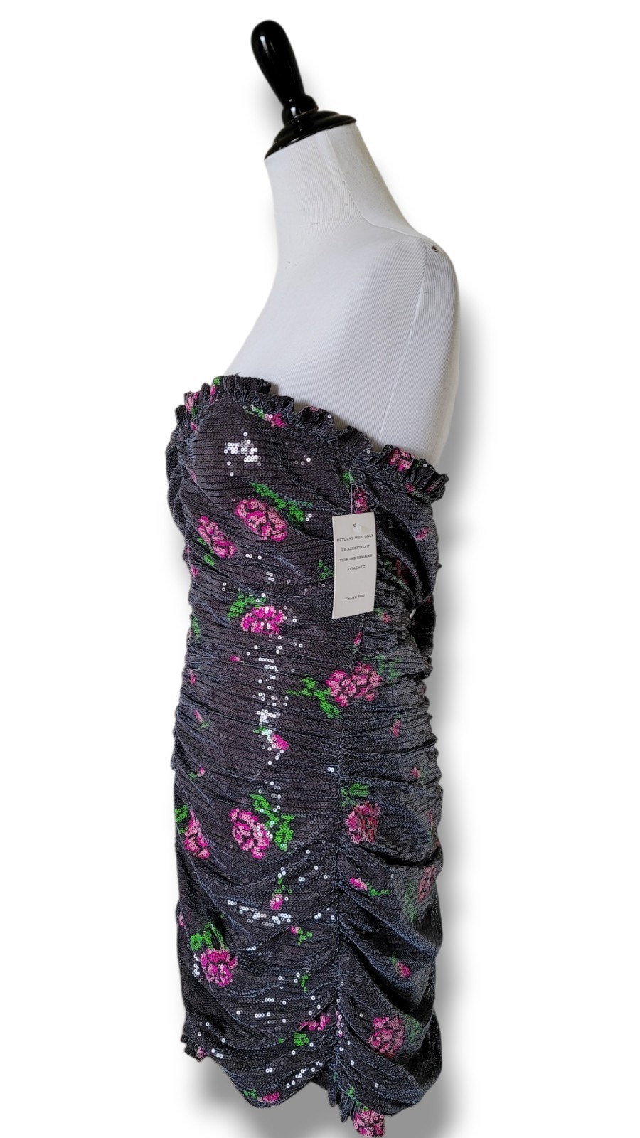 NWT For Love & Lemons Rose Sequin Strapless Ruched Mini Whimsigoth Dress L