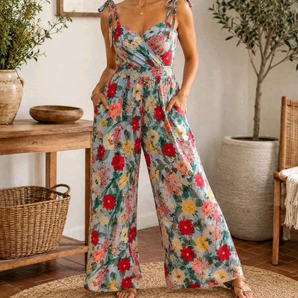Old Navy Womens Size L Floral Linen Blend Jumpsuit Wide Leg Tie StrapExcellent