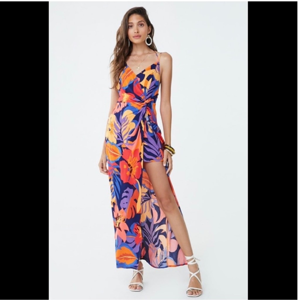 Forever 21 Contemporary Tropical Floral Maxi Mini Dress Side Slit Open Back XS