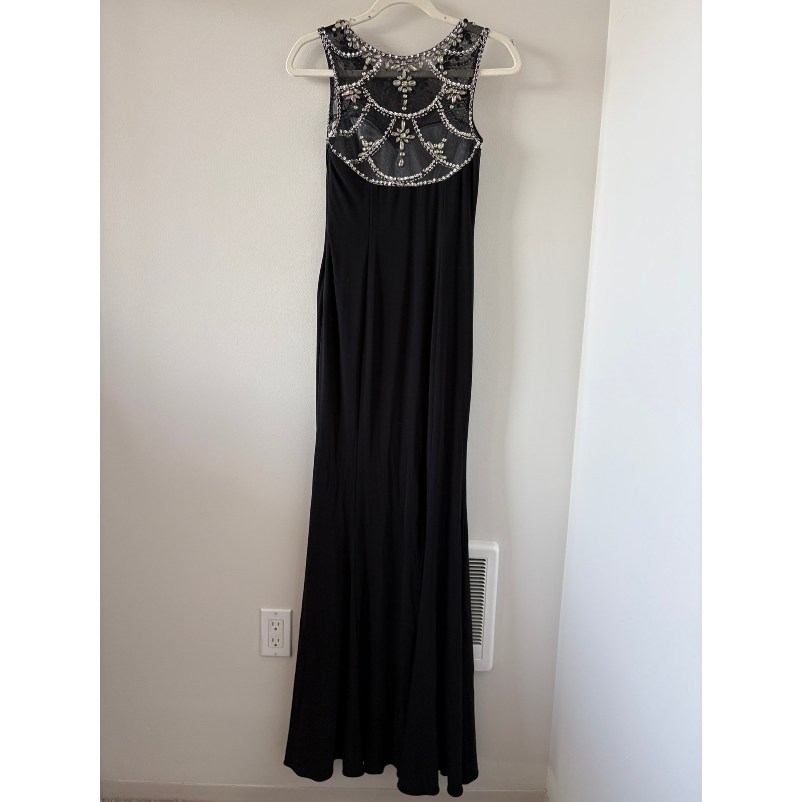 Rhinestone Beads Sequin Evening Gown Sz 2 Whimsigoth Black Tie Illusion Neckline
