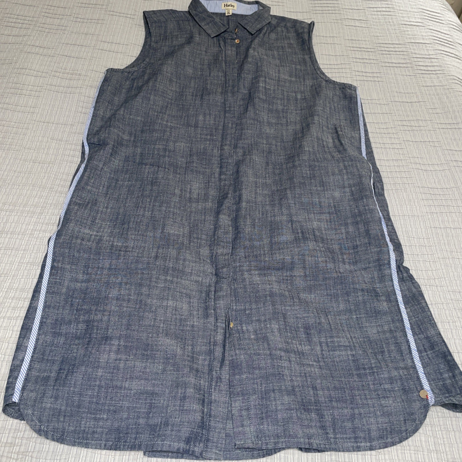 Hatley Chambray Shift Dress | Coastal Preppy | Stripe Piping | Sleeveless Sz Lg