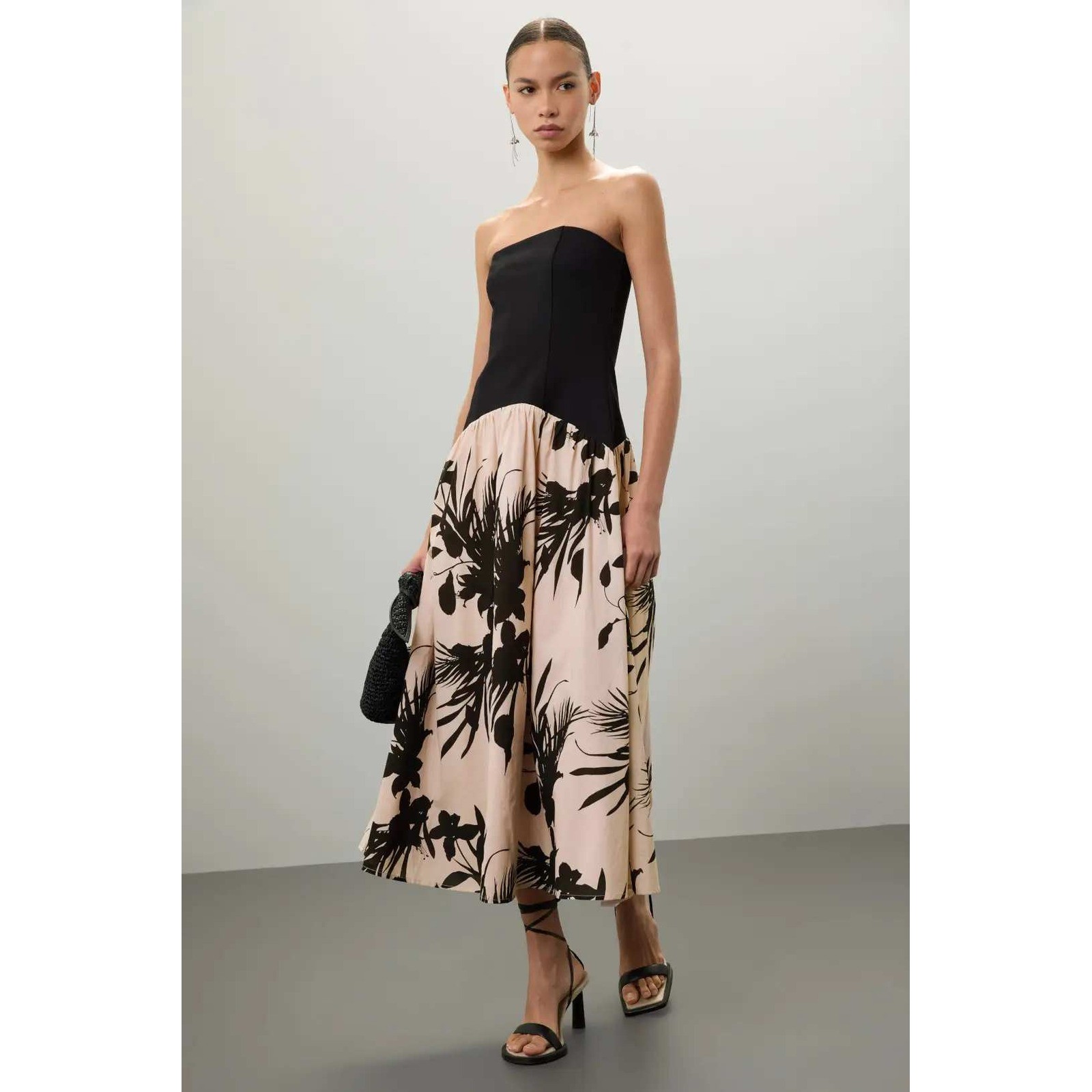 Love, Whit Strapless Drop Waist Dress Black Pink Floral Print Midi Sz XL