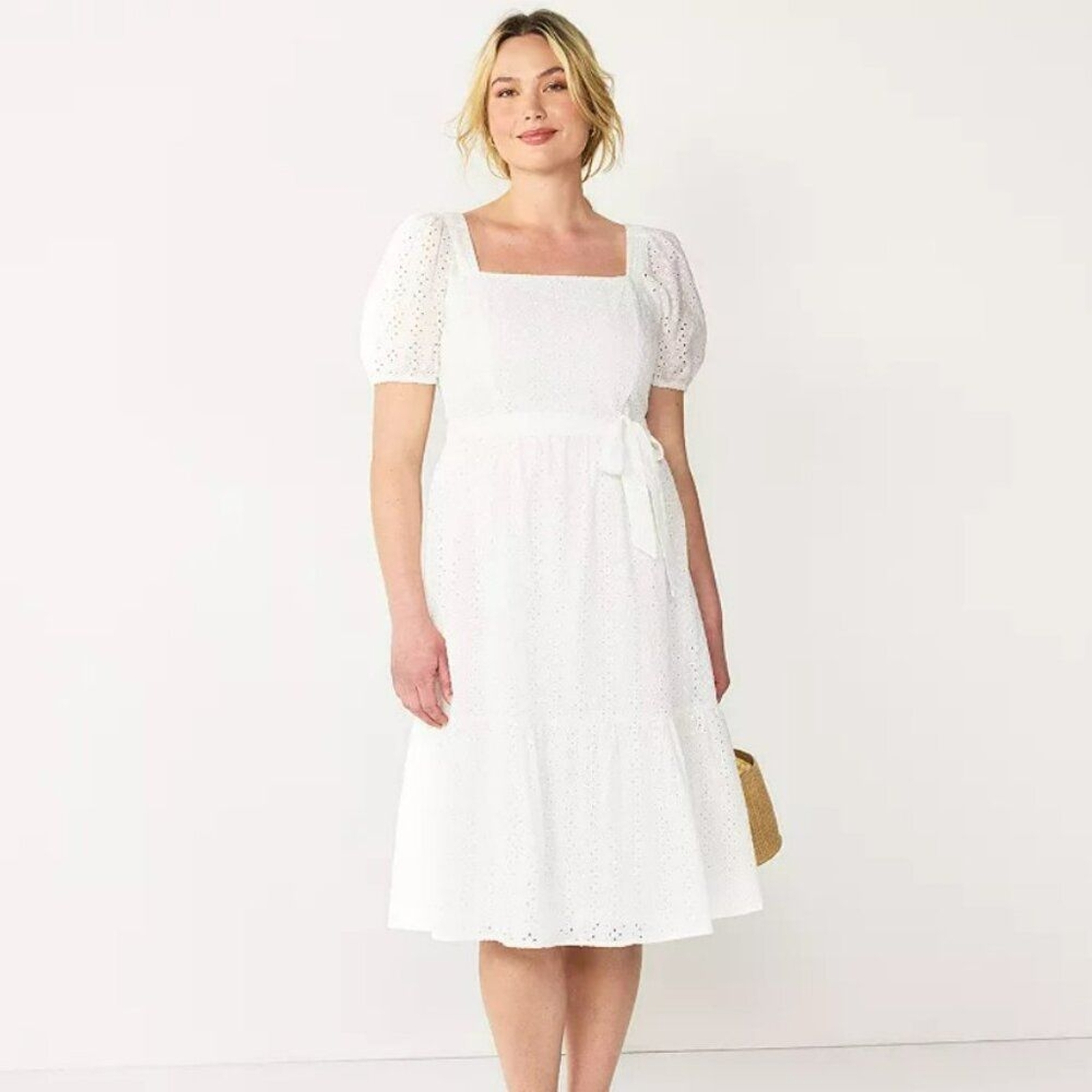 Draper James RSVP Eyelet Squareneck White Tiered Hem Midi Dress Size L
