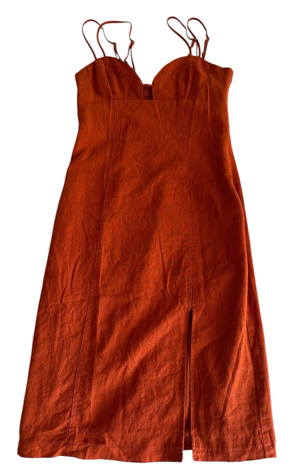 Forever 21 Rust Linen Dress Sleeveless Lined Adjustable Straps Cut Out Sexy SM