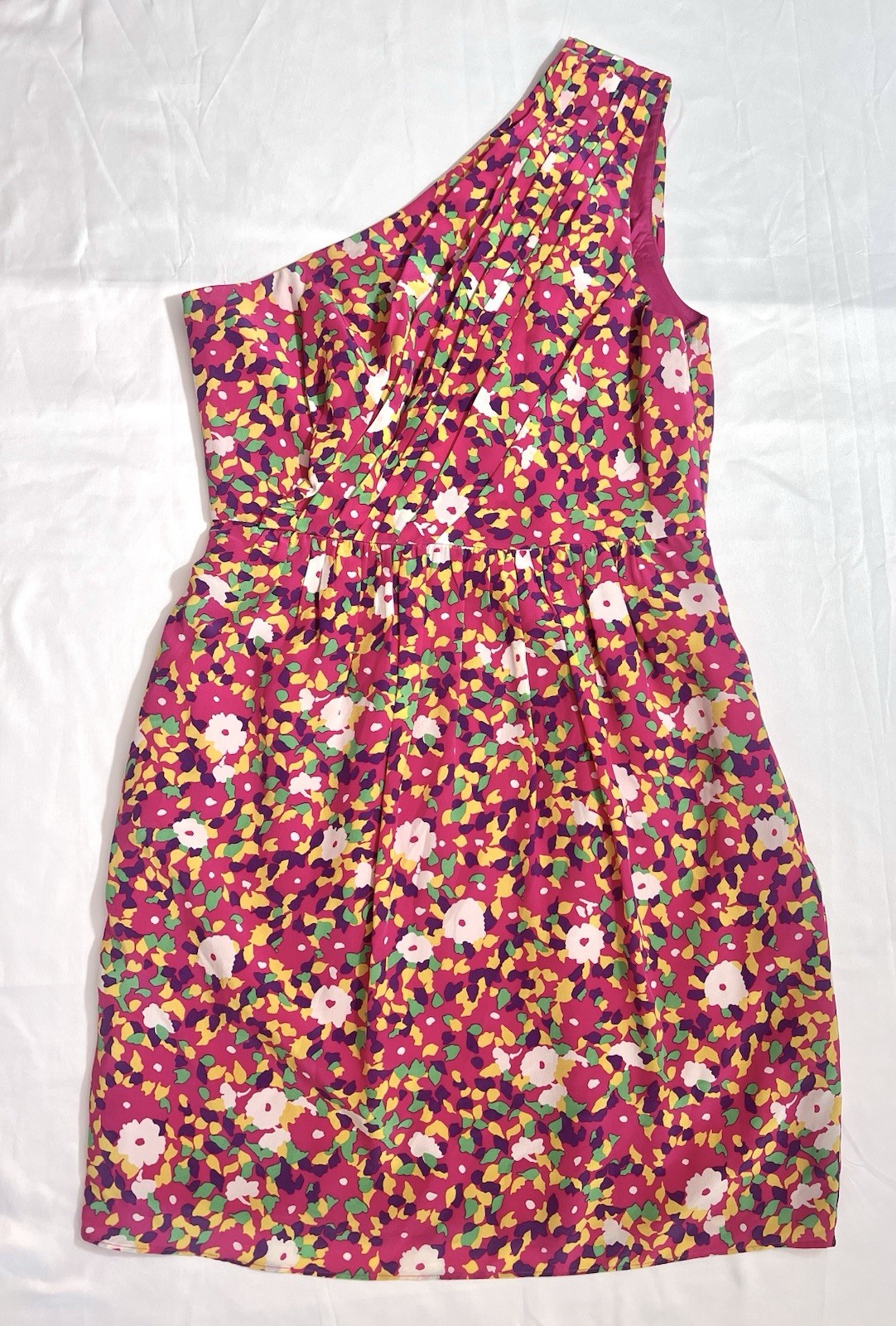 Shoshanna Neiman Marcus Floral One Shoulder Short Dress Pink 8 Medium Cocktail