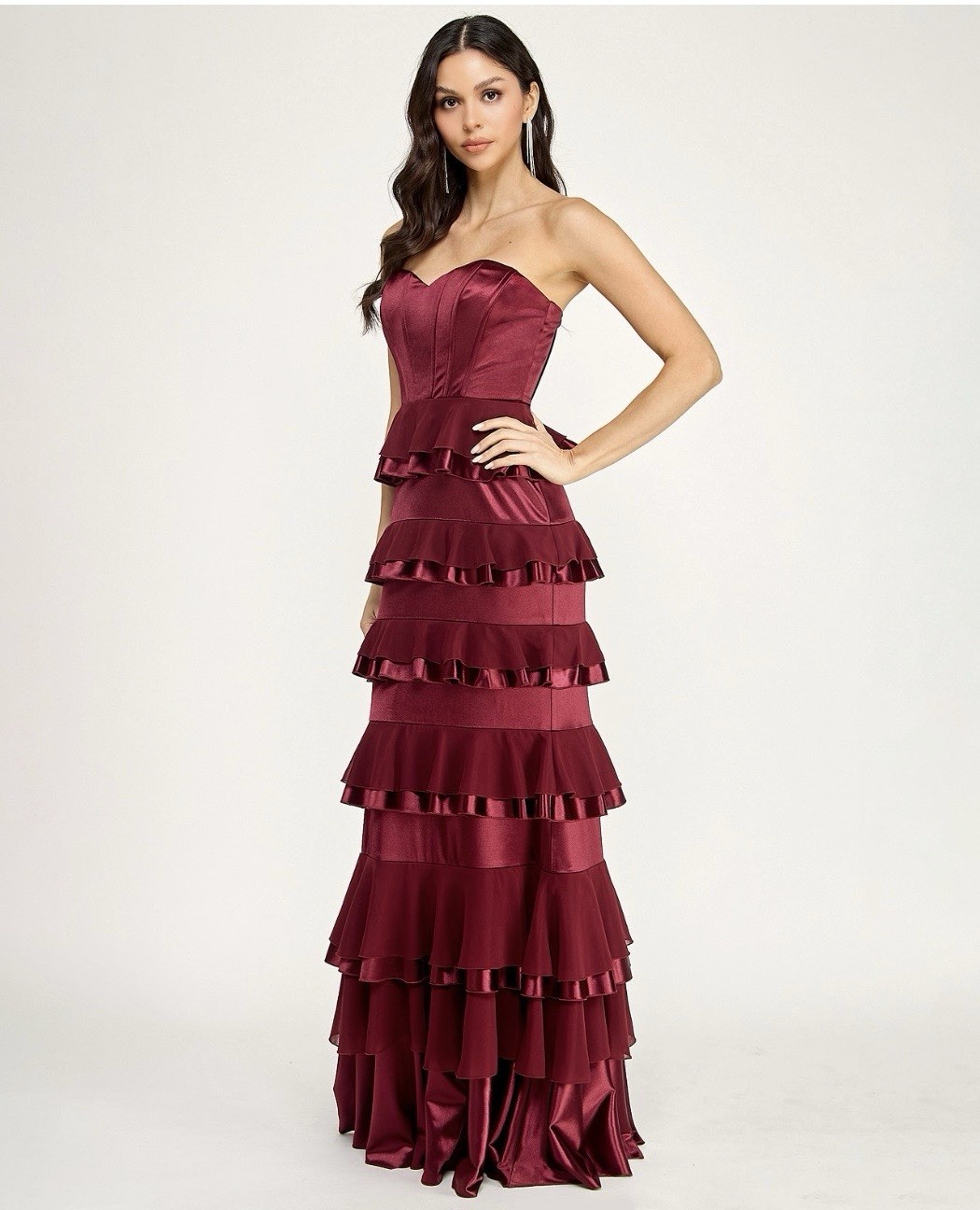 City Studio Womens XS Red Strapless Sweetheart Satin Corset Tiered Gown