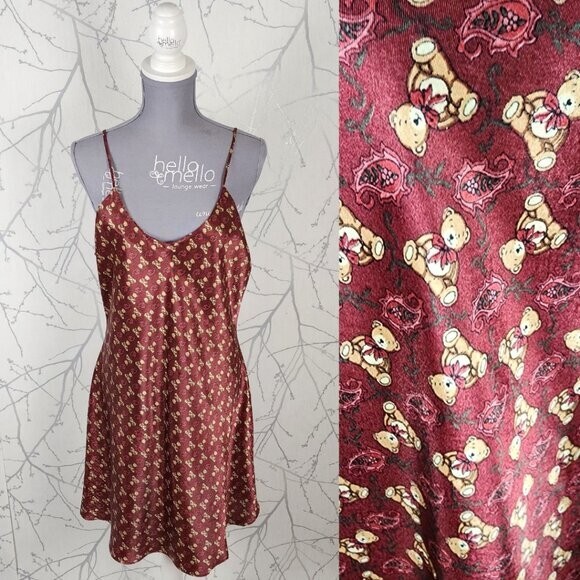 Versailles Red Satin Teddy Bear Print Strappy Slip Dress | Women’s L