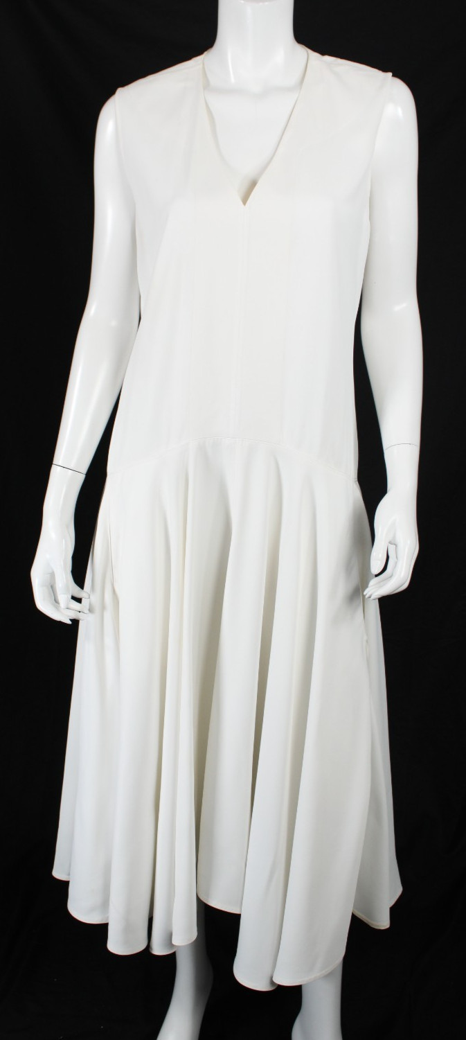 CELINE White Twill V-Neck Sleeveless Drop Waist Midi Shift Dress 42