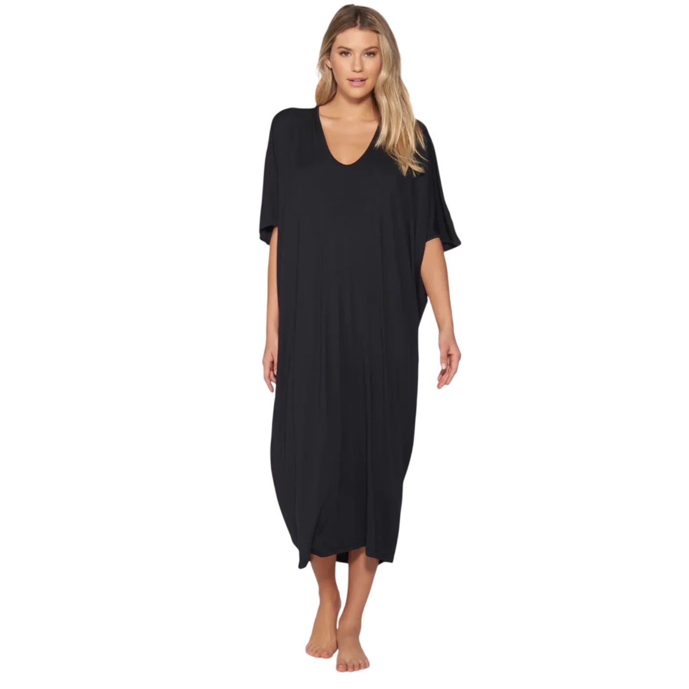 Barefoot Dreams Luxe Milk Jersey Day to Night Caftan Black One Size Lounge Dress