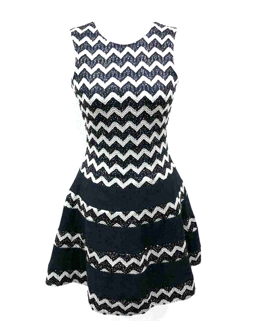 Betsy & Adam Dress Navy Blue Silver Shimmer, Chevron Pattern Fit & Flare Size 6