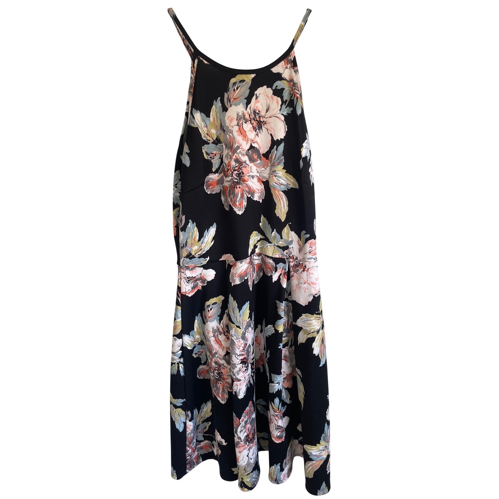 Soprano Floral High Neck Fit and Flare Mini Dress Black Pink Blue Small