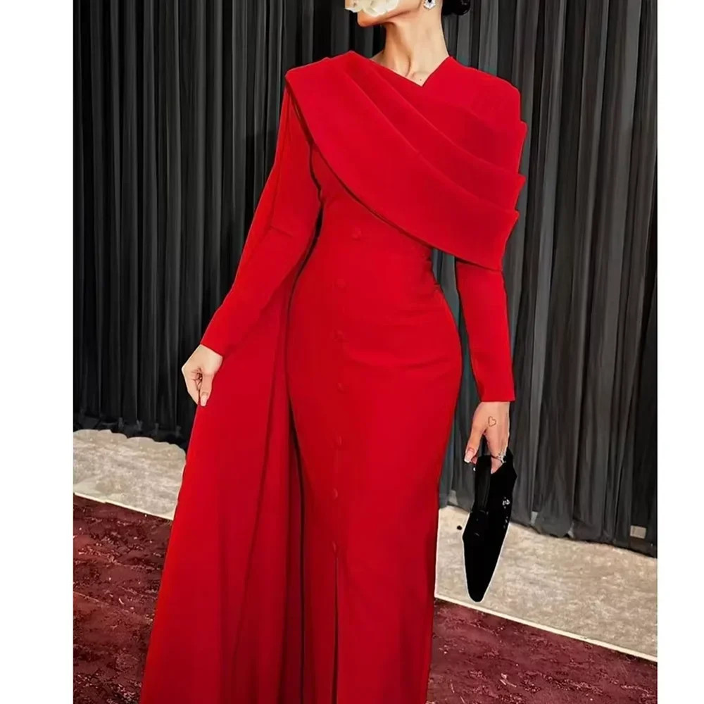 Customized Elegant Red Womens Dresses Long Sleeves Pleated Straight Ankle Length