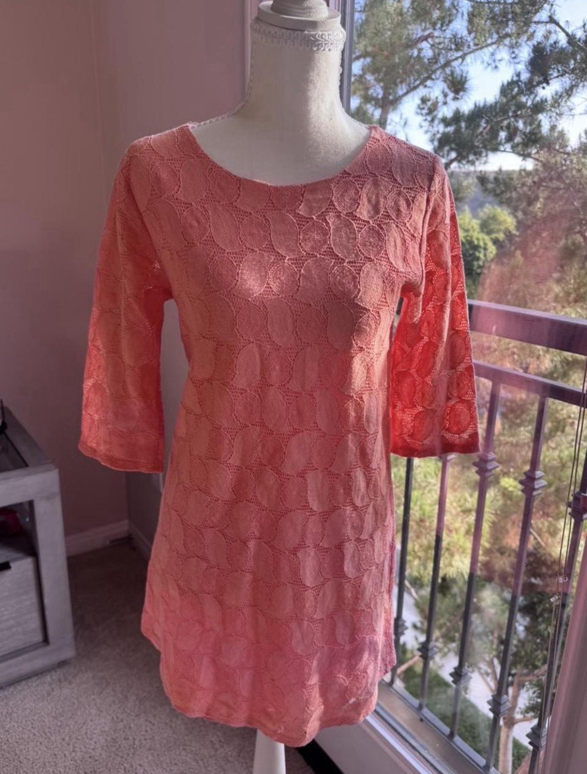 Women’s Pink Solid Lace Shift Dress Scoop Neck 3/4 Sleeve Knee Length S