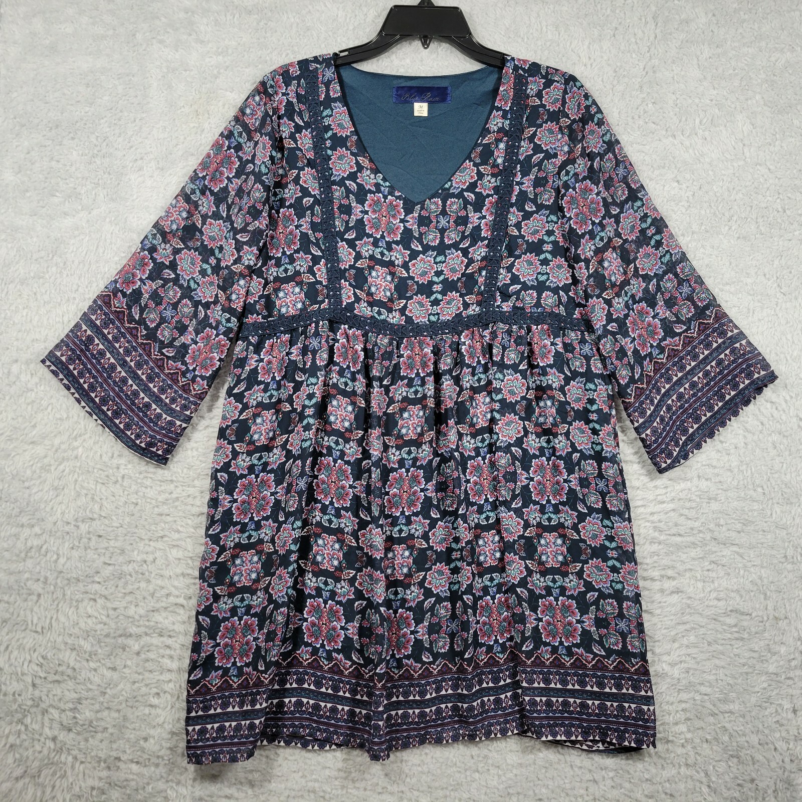 Blue Rain Dress Womens Medium Blue Green Floral Boho Chiffon Lined
