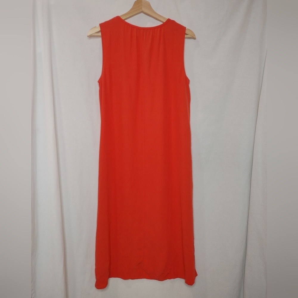 Eileen Fisher Shift Dress Sleeveless Round Split Neck Crepe Tencel Red Orange XS