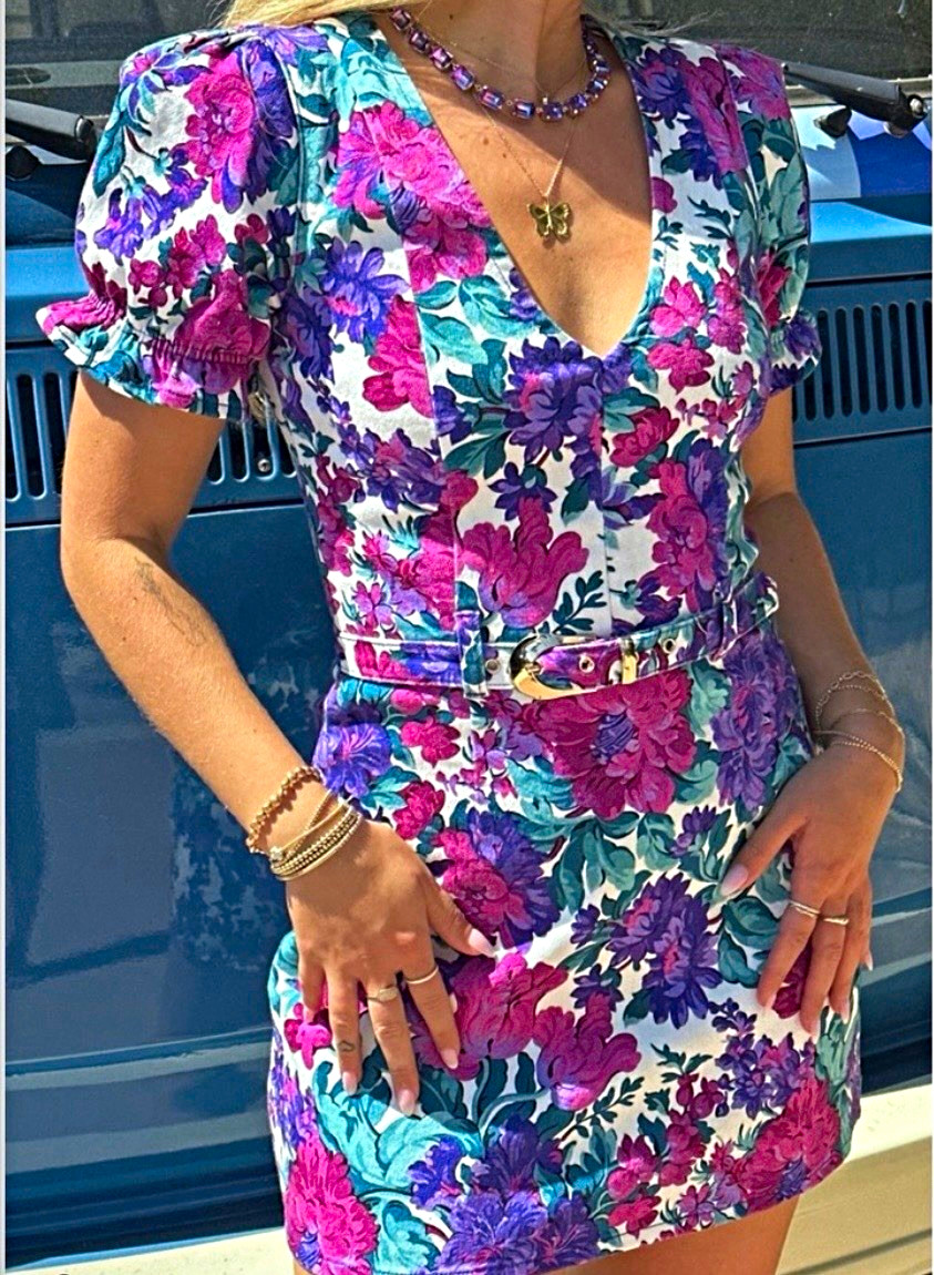 Show Me Your Mumu Zia Floral Denim Puff Sleeve Belted Mini Dress XS