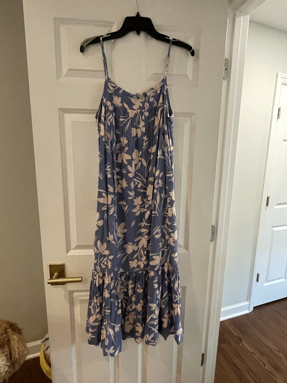 Denim Blue Floral Maxi Dress Size M Spaghetti Strap V-Neck Tiered Ruffle Hem